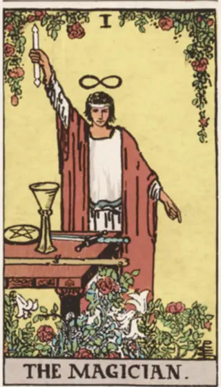 The Magician: a figure in a red cloak at a table laid with a cup, a coin, a sword and a wand, one arm raised holding a lit wand and the other pointing at the ground, an infinity sign above the head and roses and lilies below.