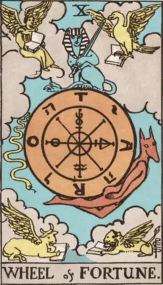 Wheel of Fortune: a wheel lettered T A R O turning in the clouds, a sphinx with a sword above it, a serpent going down one side and a jackal-headed figure rising on the other, four winged creatures reading in the corners.