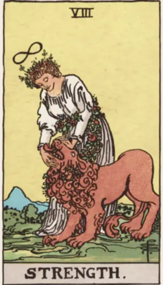 Strength: a figure in white, wearing a garland and an infinity sign above her head, closing a lion's jaws with both hands without effort.