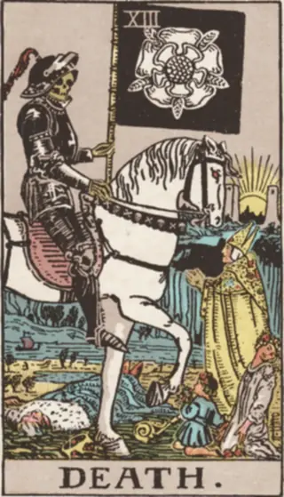 Death: an armoured skeleton on a white horse carrying a black banner with a white rose, a king fallen before it and a bishop, a child and a woman in its path, the sun rising between two towers behind.