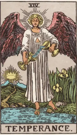 Temperance: a winged figure with one foot on the bank and one in the water, pouring liquid between two cups, irises beside a path that leads to a crown of light.
