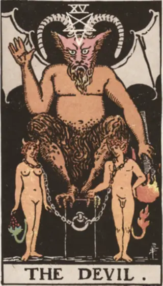 The Devil: a horned figure with bat's wings perched on a block, an inverted star on its brow, a man and a woman below it chained loosely by the neck.