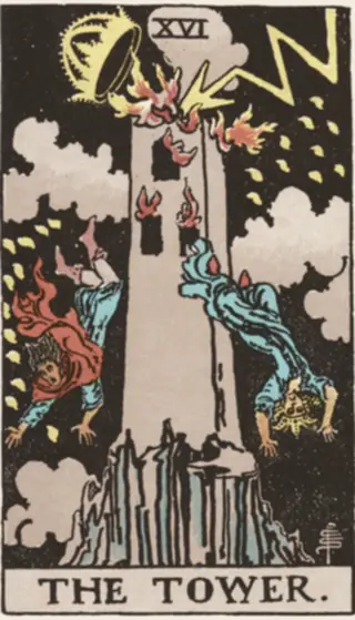 The Tower: lightning striking the crown off a tower, flame at its windows, and two figures falling headlong out of a black sky.