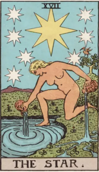 The Star: a kneeling figure at the edge of a pool pouring water from two jugs, one onto the land and one back into the water, a great eight-pointed star and seven smaller ones above, a bird in a tree behind.