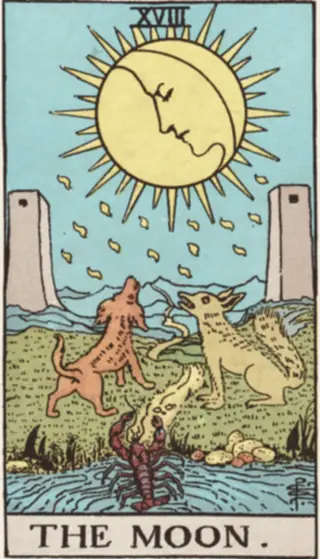 The Moon: a moon with a face in a ring of rays, a dog and a wolf howling up at it, a crayfish crawling out of a pool, and a path running away between two towers.