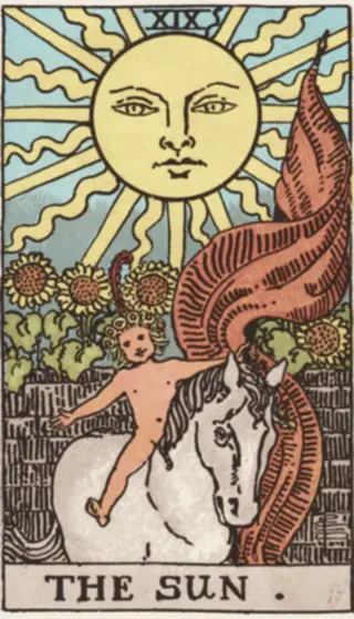 The Sun: a sun with a face over a wall of sunflowers, and a bare child on a white horse carrying a long banner.