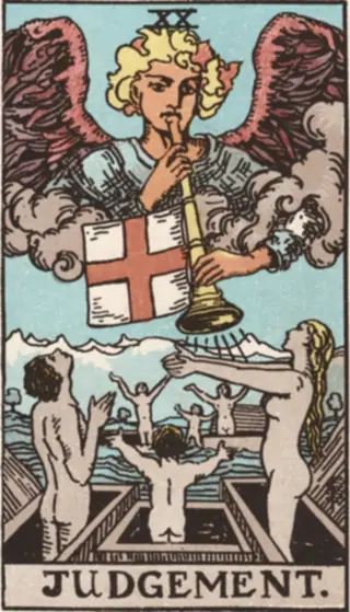 Judgement: a winged figure blowing a trumpet hung with a crossed banner, and figures rising with their arms raised out of open coffins on the water below.
