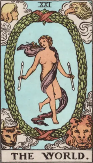 The World: a figure wrapped in a light scarf stepping inside an oval wreath, a wand in each hand, with a man's head, an eagle, an ox and a lion in the four corners.