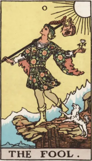 The Fool: a traveller stepping off the edge of a cliff, a rose in one hand and a bundle on a staff over the shoulder, a small white dog at the heels and the sun behind.