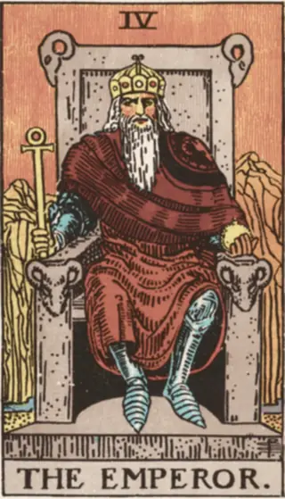 The Emperor: a bearded figure upright on a stone throne carved with rams' heads, a sceptre in one hand and an orb in the other, bare mountains behind.