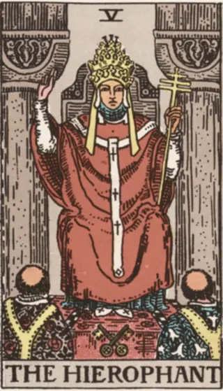 The Hierophant: a robed figure between two stone pillars, one hand raised in blessing and a triple cross in the other, two attendants below and crossed keys at his feet.