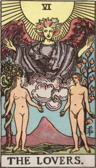 The Lovers: a winged figure in the clouds above a man and a woman standing apart, a tree of flames behind him and a tree with a serpent in it behind her, a mountain between them.