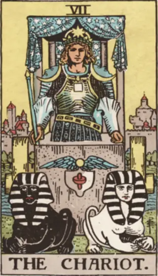 The Chariot: an armoured figure under a canopy of stars, standing in a chariot drawn by one black sphinx and one white, a walled town behind.