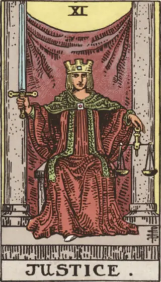 Justice: a crowned figure enthroned between two pillars, an upright sword in one hand and a level pair of scales in the other, a drawn curtain behind.