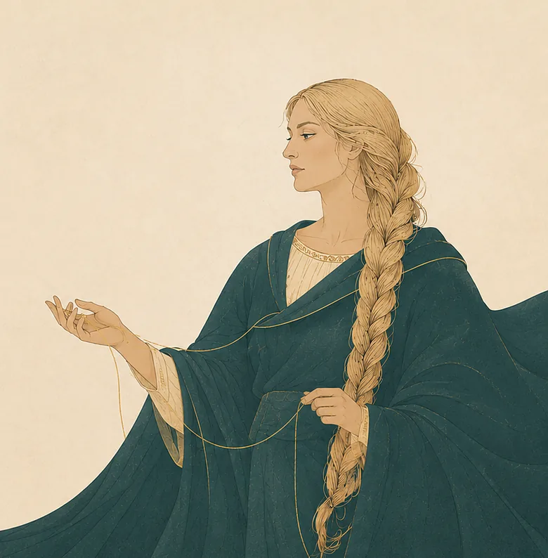 Dolya, in a deep teal mantle, a fine gold thread running from her open hand.