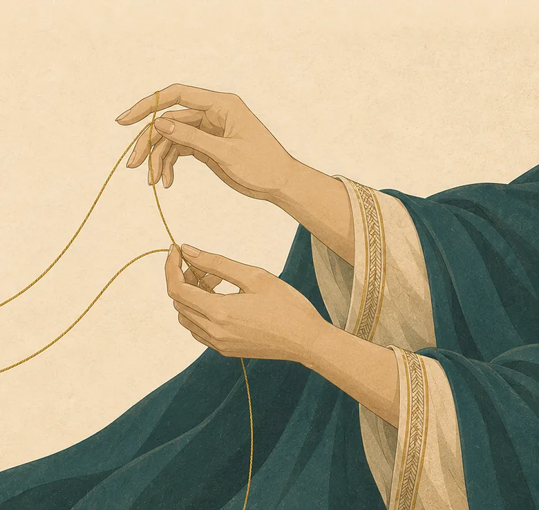 Dolya's hands, a fine gold thread between her fingers dividing into two strands of equal weight.